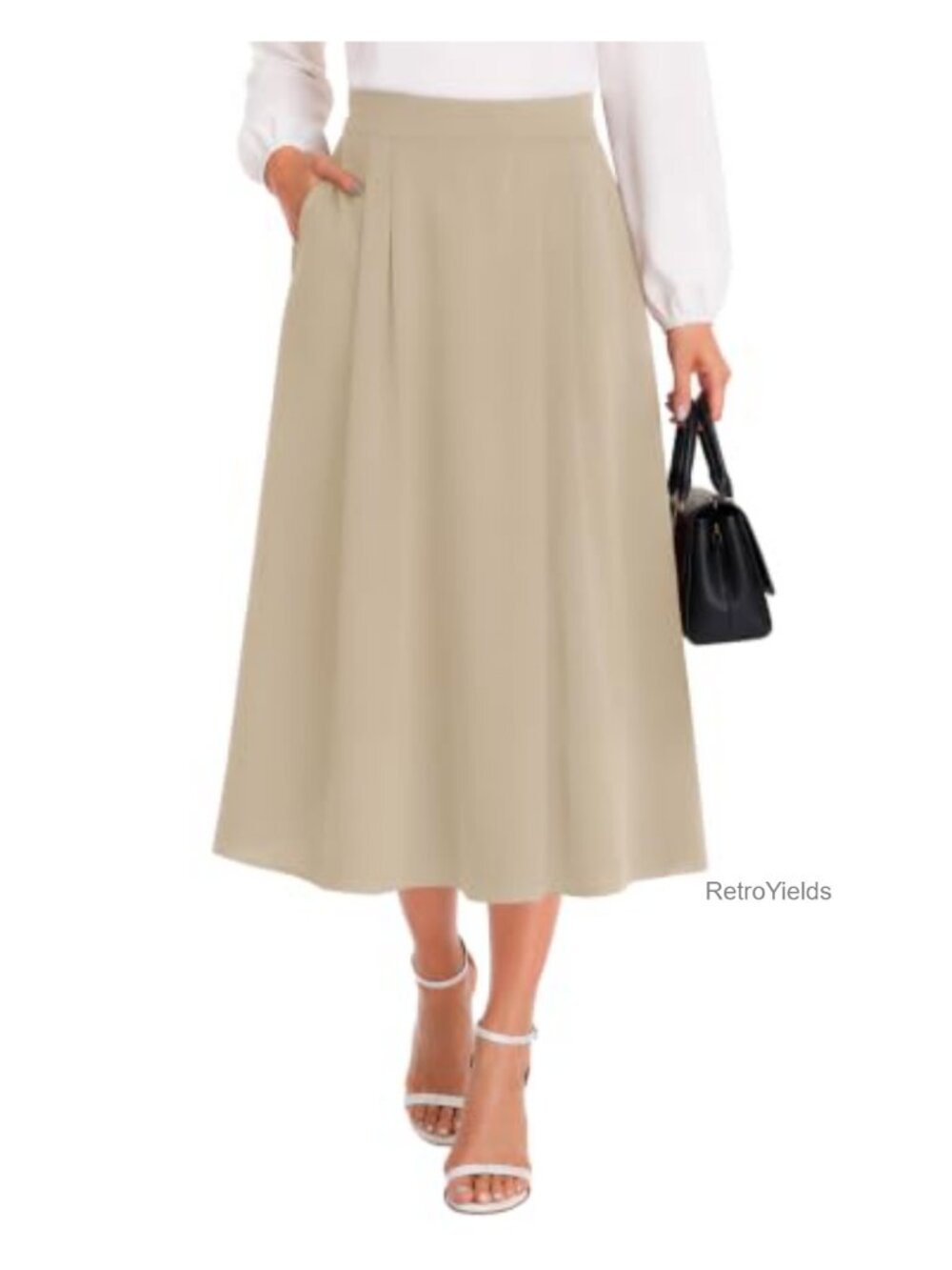 High Waisted Midi A-Line Pleated Skirt with Pockets Chiffon